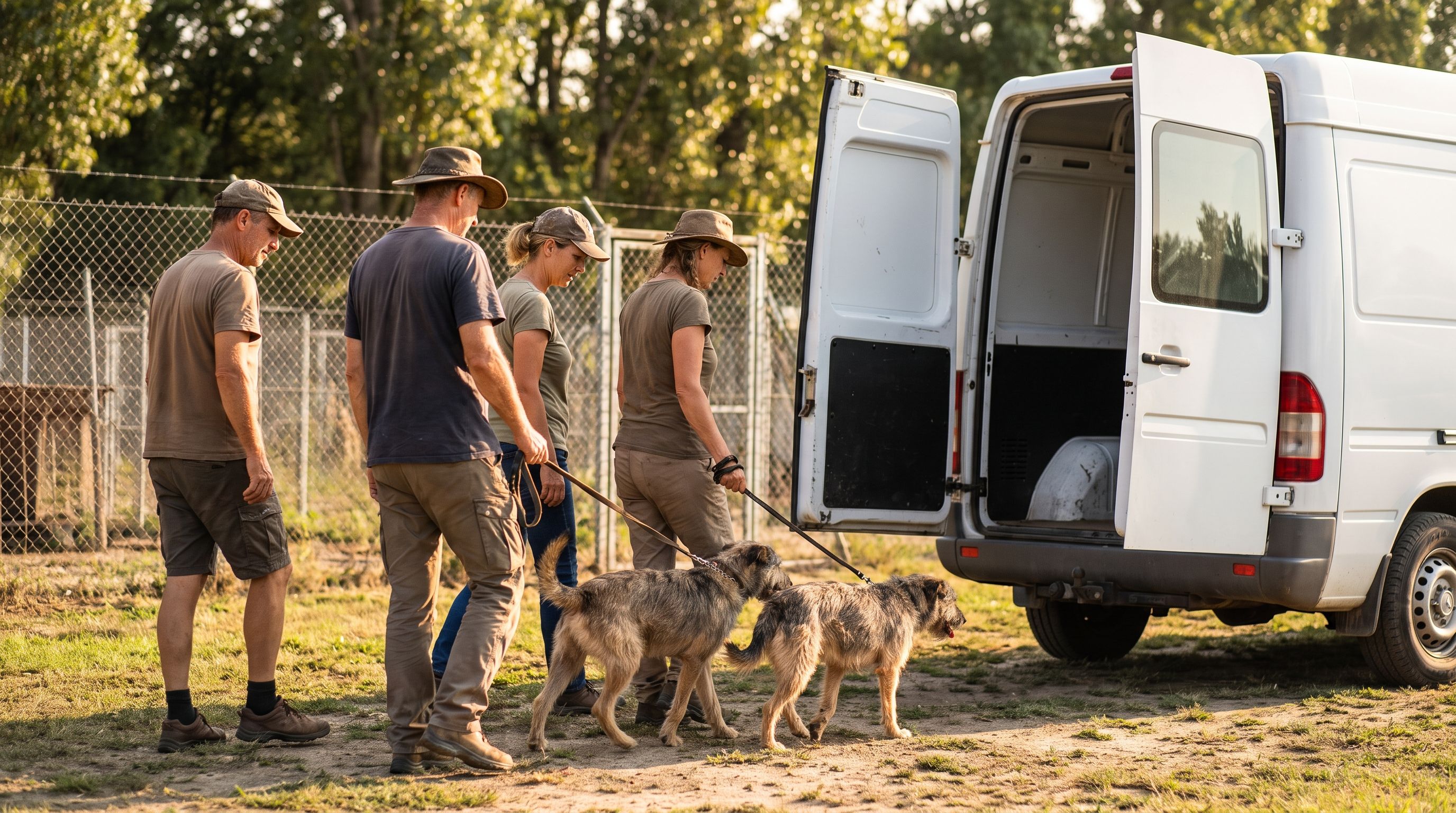 Volunteers walk two dogs on leashes across a shelter yard toward a van with its doors open