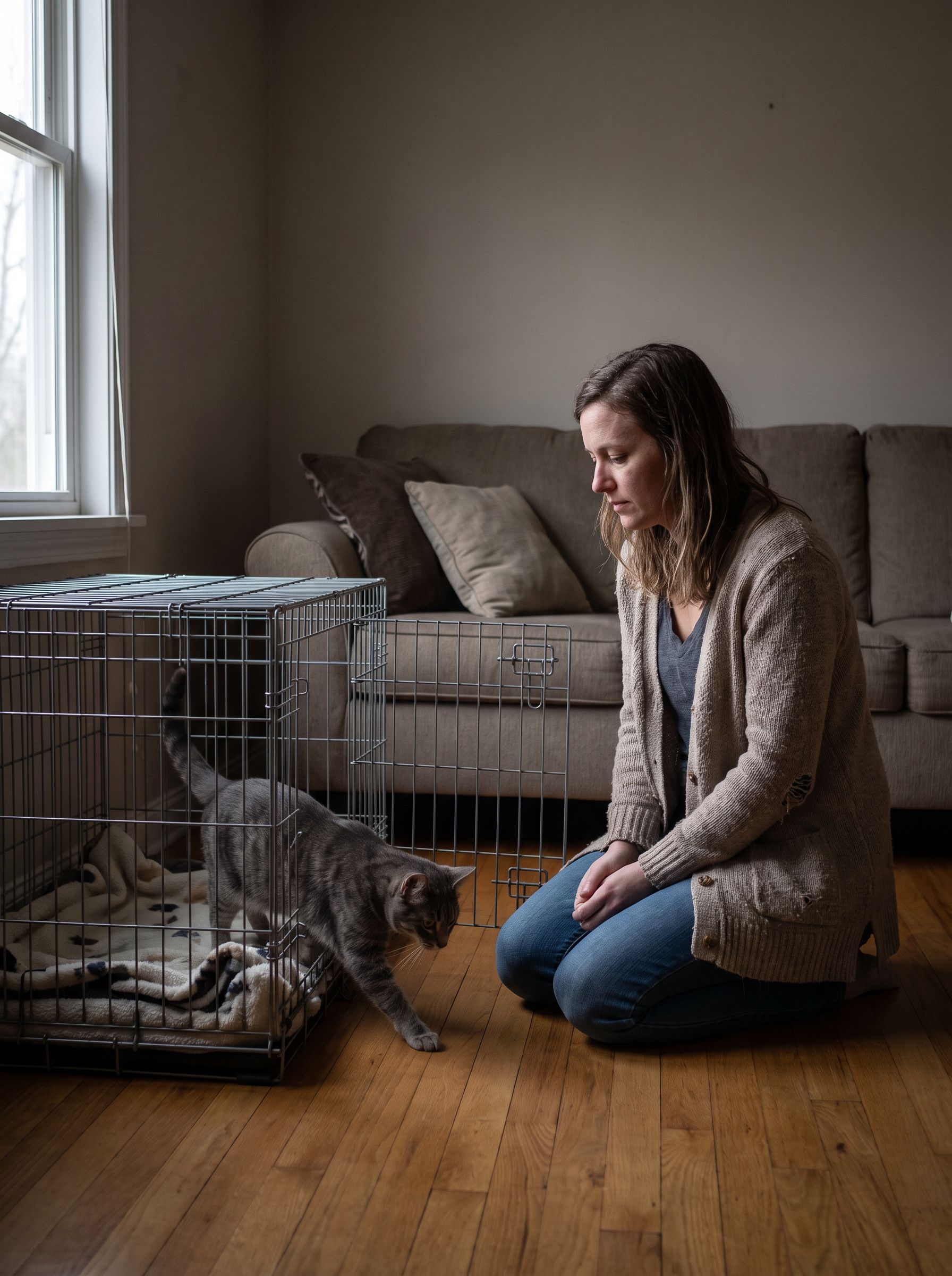 A person kneels beside an open crate in a living room as a cat steps out
