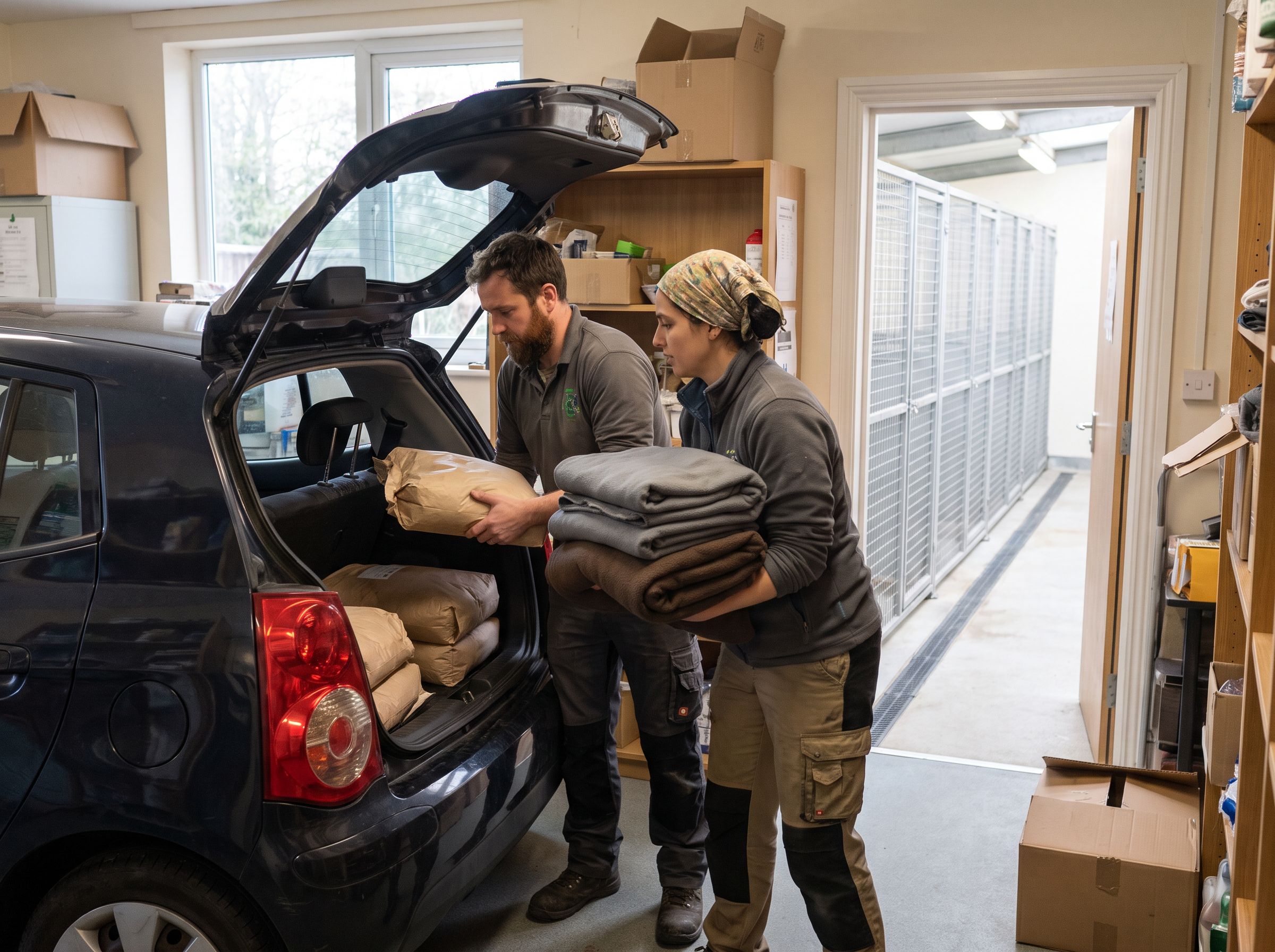 Two volunteers carry bags of food and bedding into a shelter storeroom